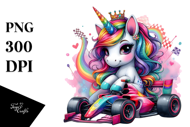 Baby Unicorn with Race Car PNG