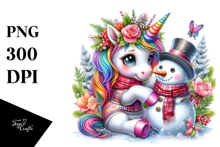 Baby Unicorn with Snowman PNG