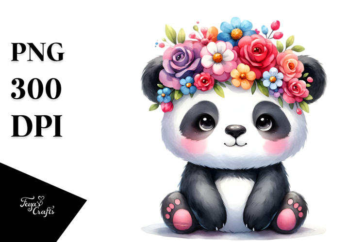Watercolor Panda Flower Crown Clipart