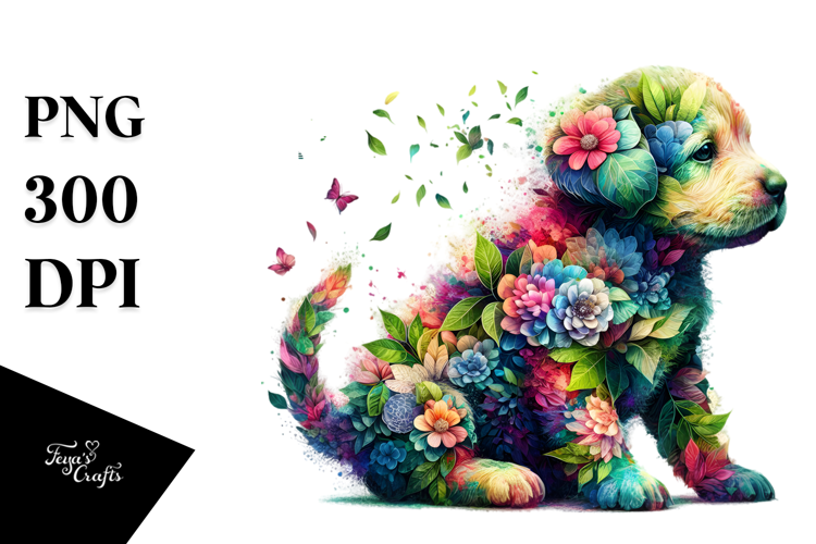 Watercolor Puppy Flowers