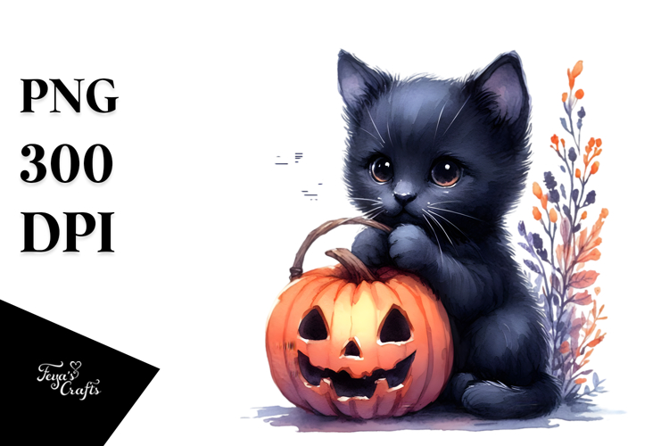 Watercolor Baby Black Cat Halloween Clipart