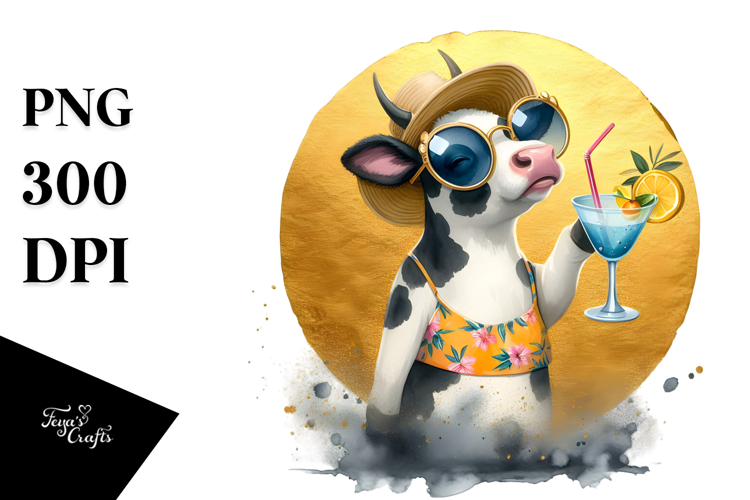 Cow in Beachwear Drinking Cocktail PNG