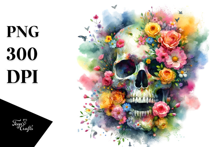Skull with Spring Flowers, High-Res PNG