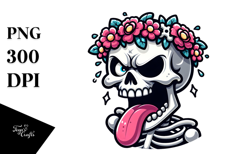 Dramatic Skull with Flower Crown, Aggressive PNG