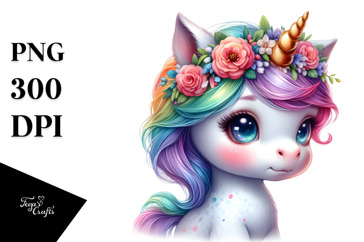 Cute Baby Unicorn with Floral Wreath Clipart PNG