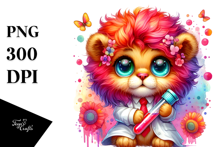 Vibrant Watercolor Cute Baby Lion PNG