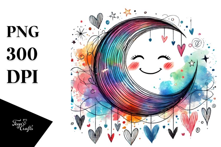 Smiling Half Moon with Hearts PNG example image 1