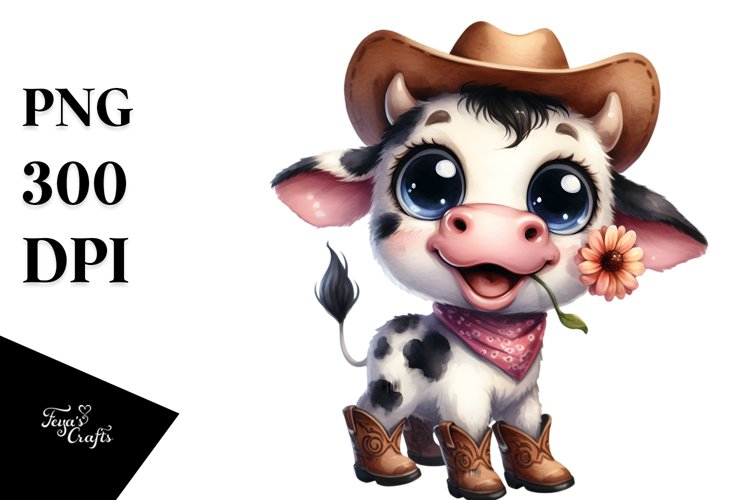 Watercolor Baby Cow Big Eyes with Hat Clipart example image 1