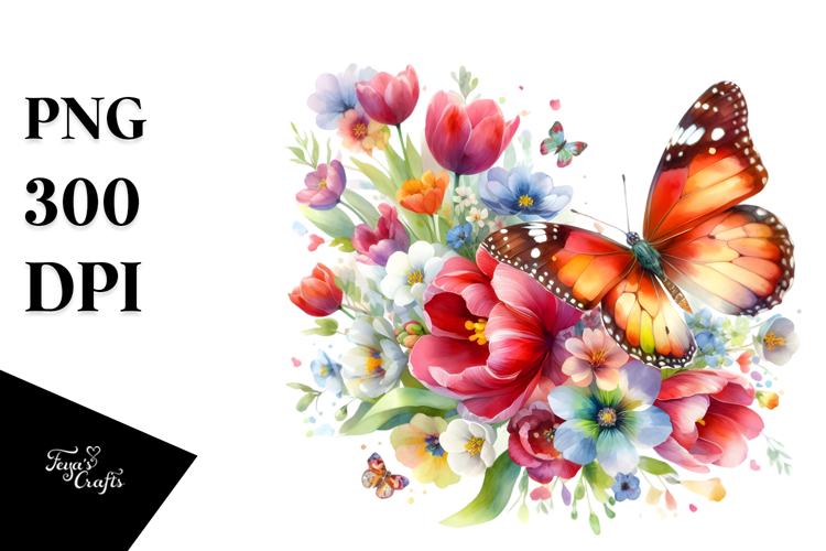 Butterfly Half of Spring Flowers PNG