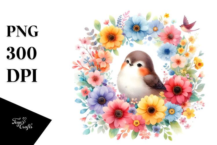 Bird Half of Spring Flowers PNG