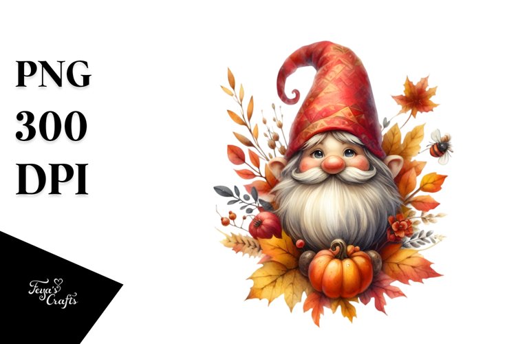 Detailed Watercolor Autumn Gnome PNG