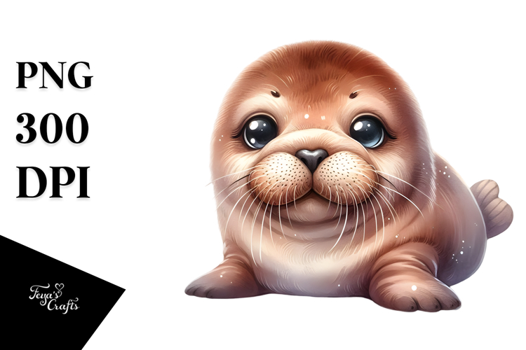 Cute Baby Walrus with Cosmos, PNG