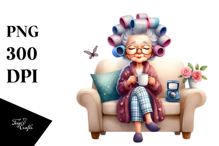 Old Lady Sitting on Sofa with Hair Curlers | Sublimation example image 1