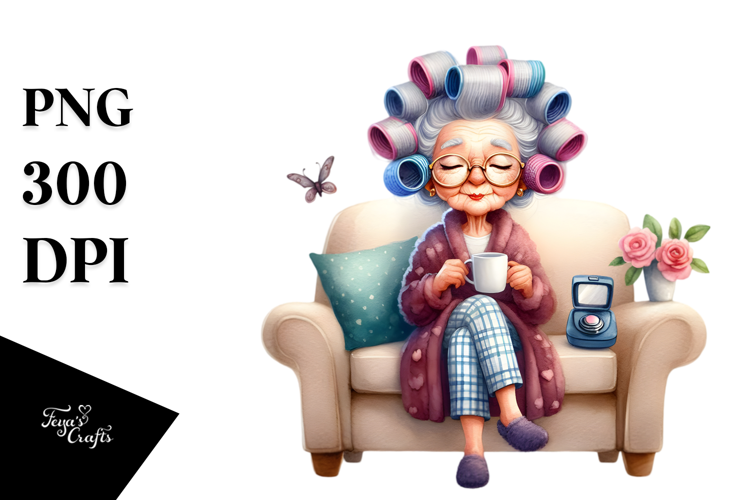 Old Lady Sitting on Sofa with Hair Curlers | Sublimation
