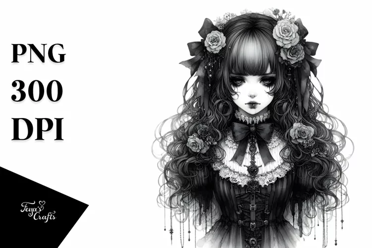 Detailed Watercolor Gothic Girl PNG