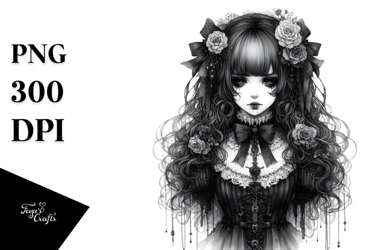 Detailed Watercolor Gothic Girl PNG