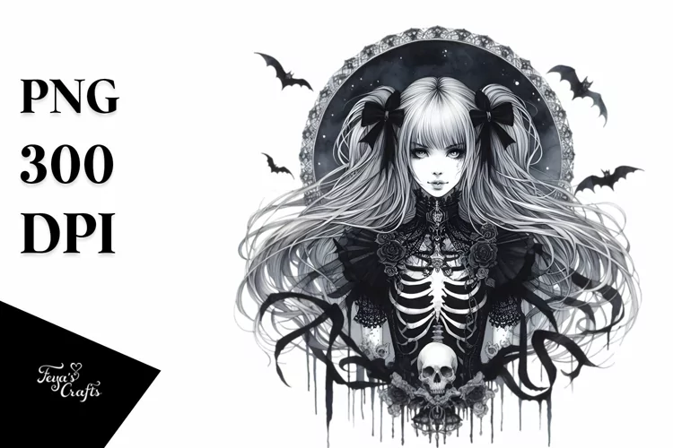 Detailed Watercolor Gothic Girl PNG