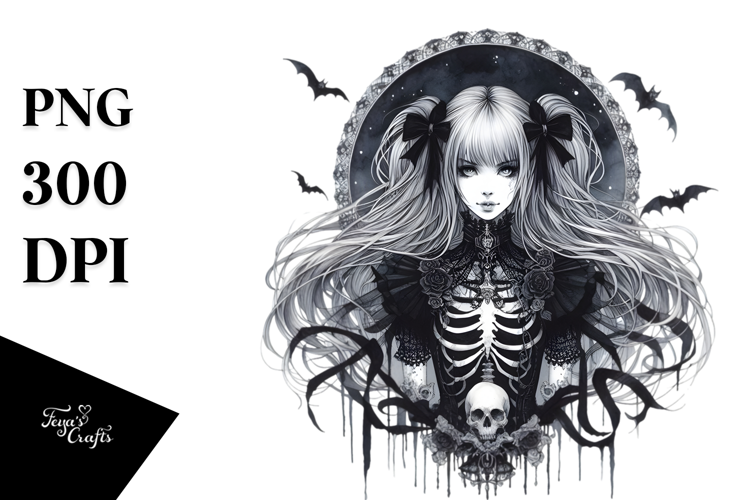 Detailed Watercolor Gothic Girl PNG