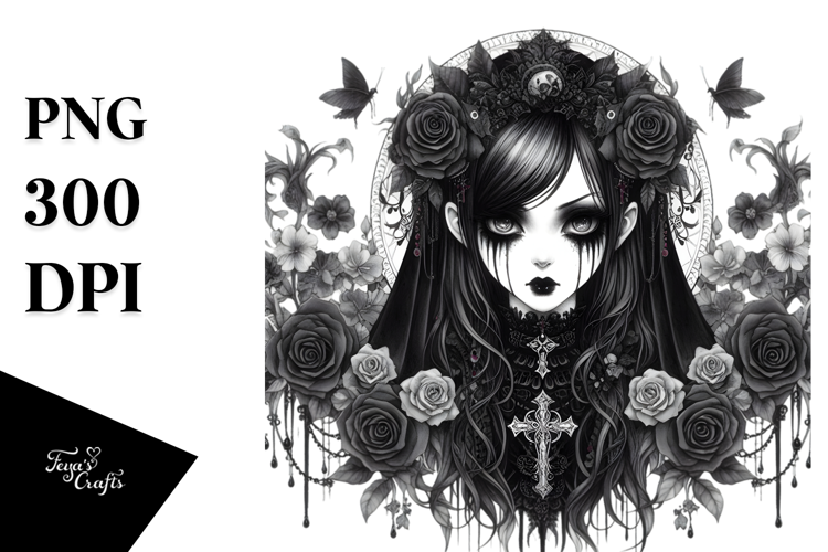Detailed Watercolor Gothic Girl PNG