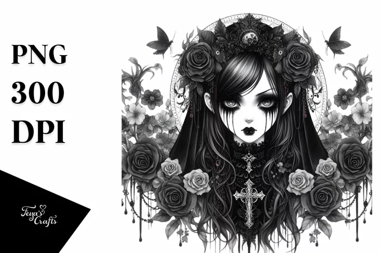 Detailed Watercolor Gothic Girl PNG