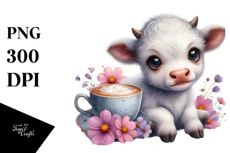 Watercolor Smiling Highland Cow with Cosmos PNG