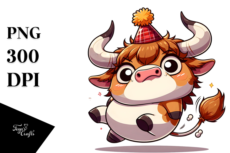 Highland Cow in Party Hat, Cartoon PNG