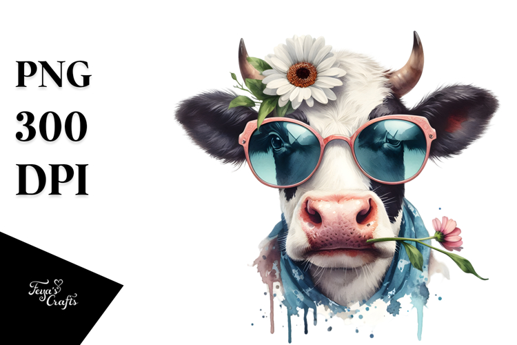 Funny Cow with Sunglasses and Flower, Watercolor PNG
