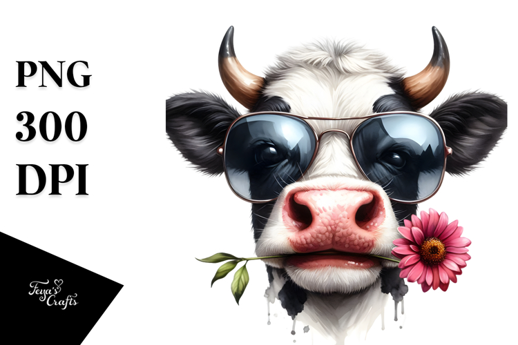 Watercolor Funny Cow with Funny Sunglasses PNG