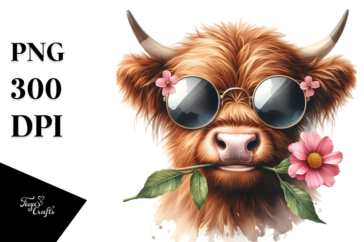Happy Highland Cow with Sunglasses, Cartoon PNG example image 1
