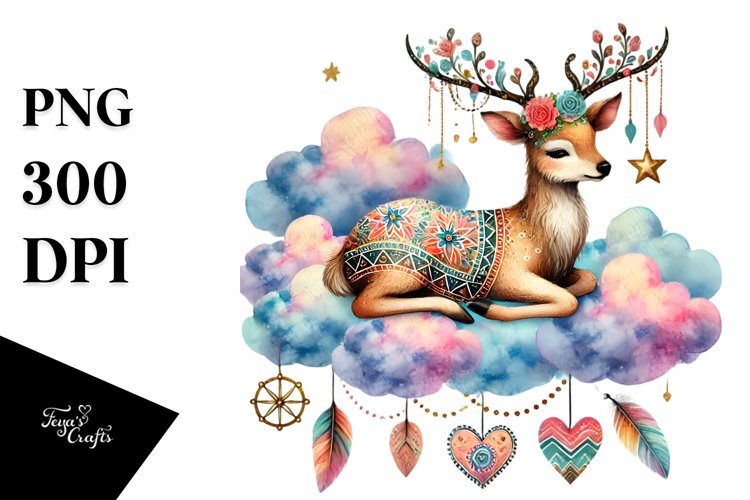Colorful Watercolor Deer on Cloud with Hearts PNG