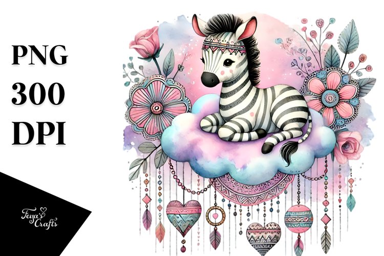 Cute Boho Zebra Sitting on Cloud PNG