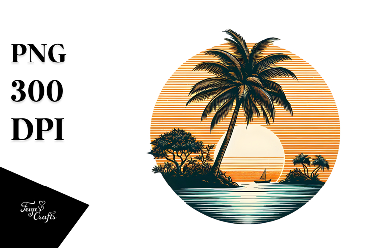 Vintage Tropical Tree Sunset, PNG
