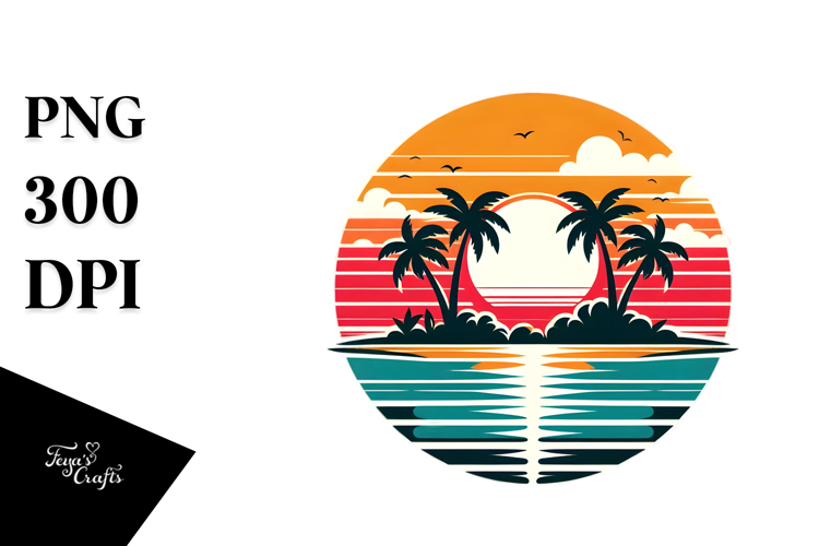 Retro Tropical Island Sunset PNG