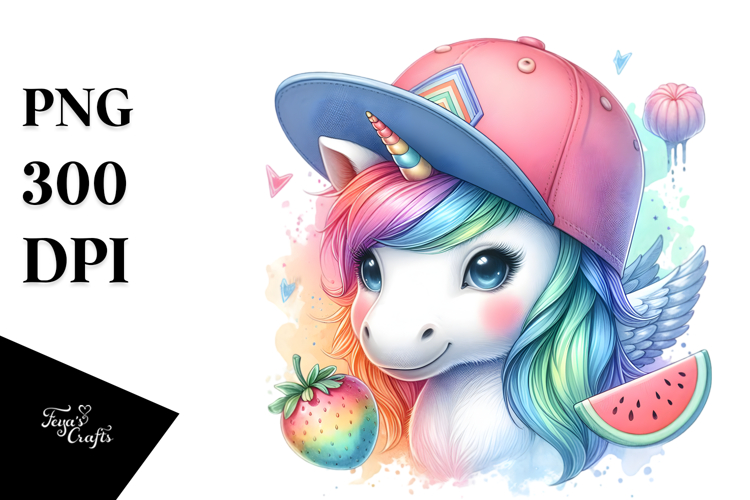 Colorful Baby Unicorn with Baseball Cap, PNG