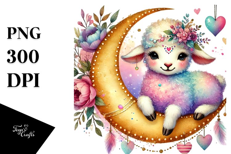 Cute Boho Lamb on Half Moon PNG example image 1