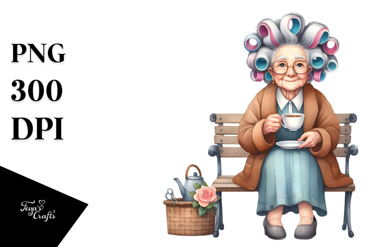 Old Lady Character Sitting on Bench with Tea Cup