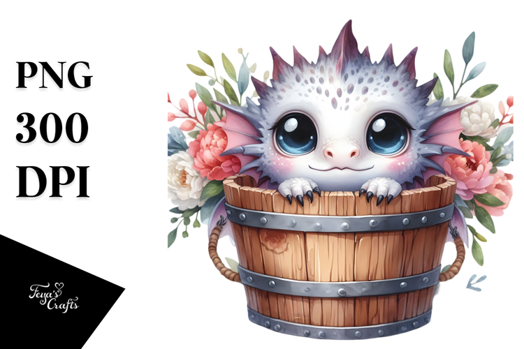 Cute Baby Dragon in Wood Bucket PNG