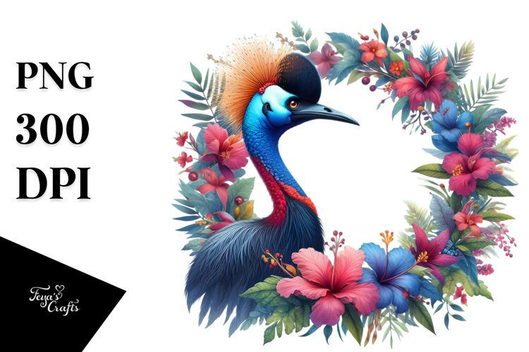 Vibrant Watercolor Cassowary Floral Frame | Sublimation | example image 1