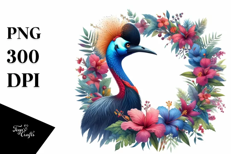 Vibrant Watercolor Cassowary Floral Frame | Sublimation |