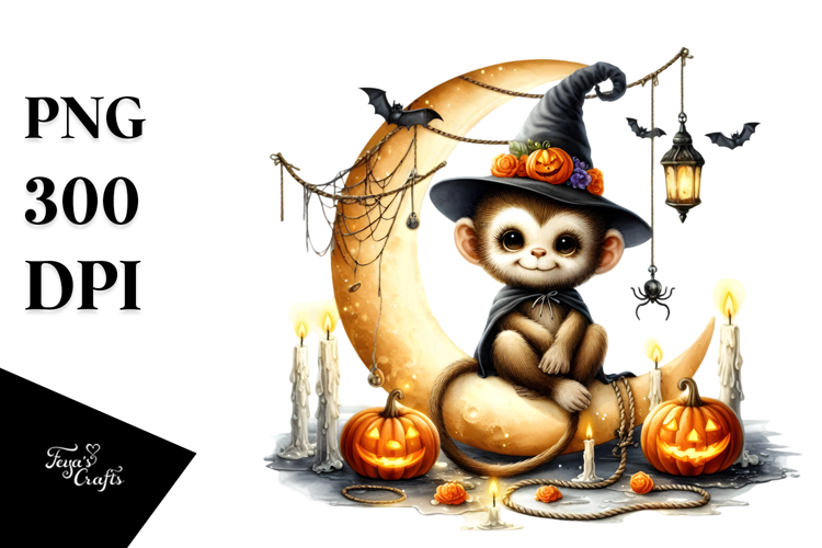Monkey Dressed for Halloween Sitting on Half Moon PNG