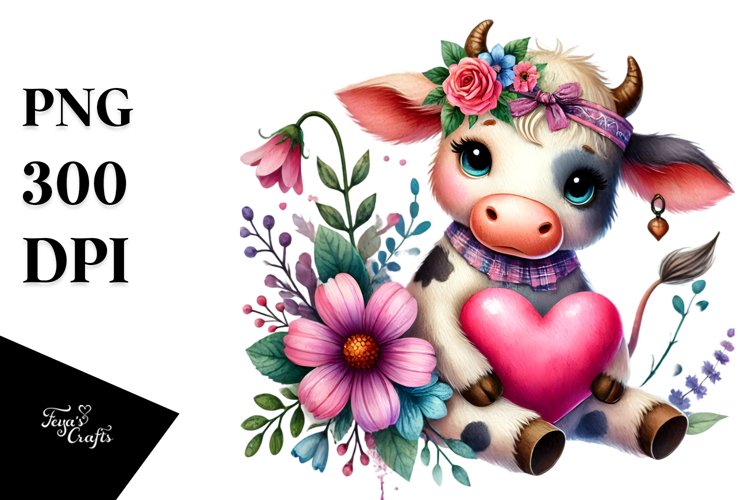 Cute Cow on Flower with Heart, Colorful PNG