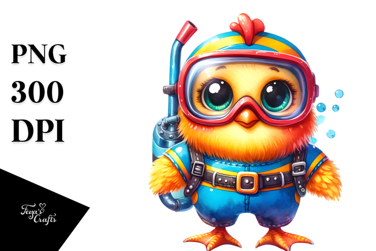 Goofy Cute Chicken in Scuba Diving Suit, Watercolor PNG