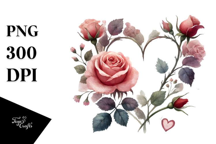 Delicate Washed Watercollor Rose Heart PNG