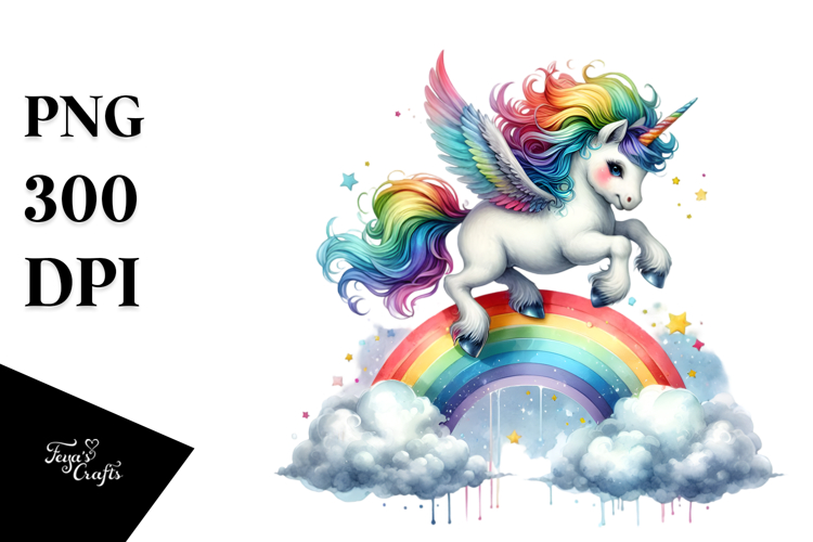 Colorful Baby Unicorn Jumping over a Rainbow, PNG