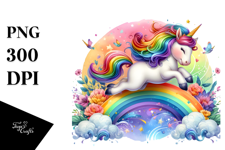 colorful Baby Unicorn Sailing in Rainbow Sky