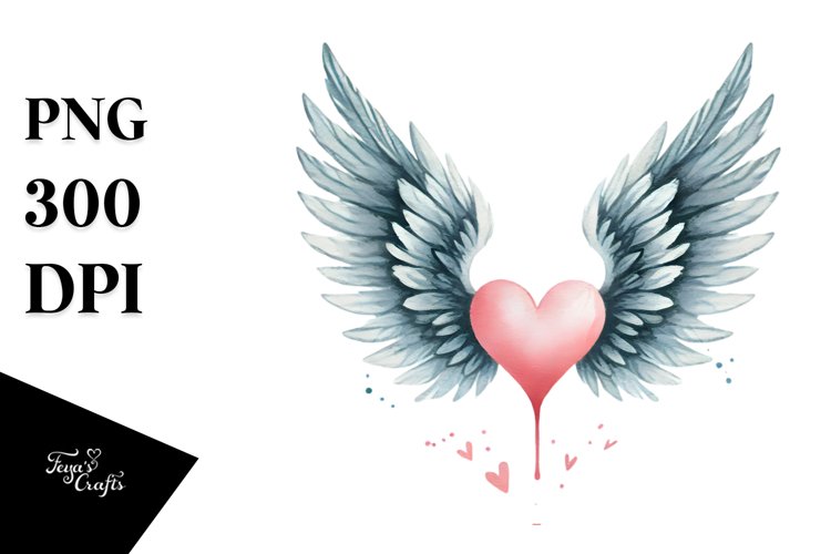 Watercolor Heart with Wings, PNG