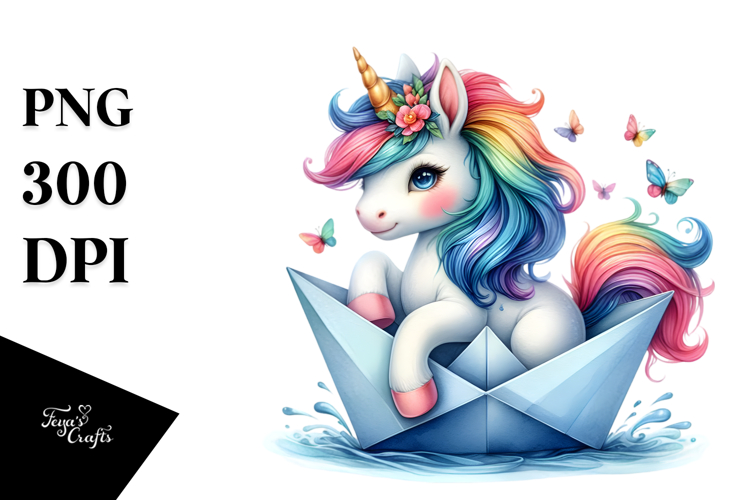 colorful Baby Unicorn Sailing in Paper Boat