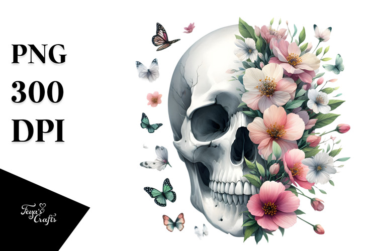 Vibrant Spring Flower Skull, Watercolor PNG