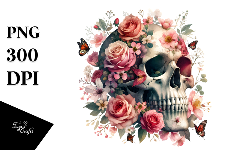Vibrant Spring Flower Skull, Watercolor PNG