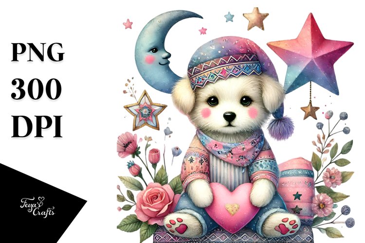 colorful Dog on Star Holding Heart PNG